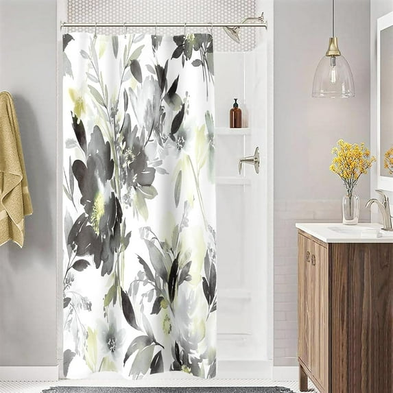 Small Stall Shower Curtain 36 x 72 Inch, Half Narrow Watercolor Floral Fabric Shower Curtain, Grey Modern Abstract Flower Bathroom Shower Curtain Set with Hooks