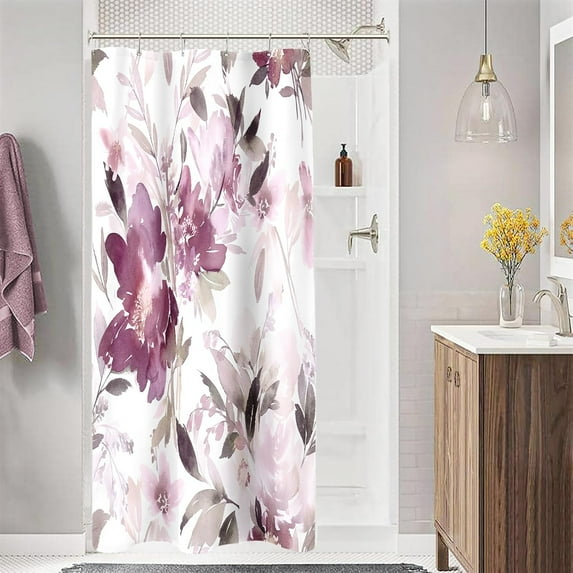 Small Stall Shower Curtain 36 x 72 Inch, Half Narrow Watercolor Floral Fabric Shower Curtain, Modern Abstract Mauve Flower Bathroom Shower Curtain Set with Hooks