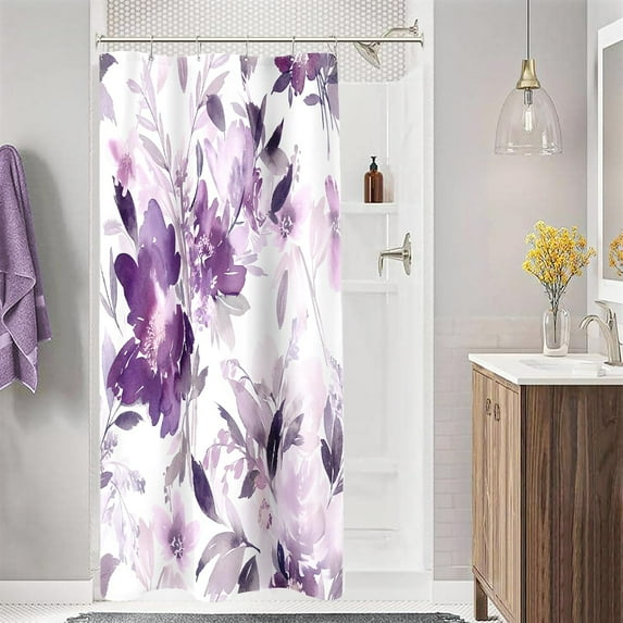 Small Stall Shower Curtain 36 x 72 Inch, Half Narrow Watercolor Floral Fabric Shower Curtain, Modern Abstract Purple Flower Bathroom Shower Curtain Set with Hooks