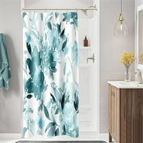 Small Stall Shower Curtain 36 x 72 Inch, Half Narrow Watercolor Floral Fabric Shower Curtain, Modern Teal Blue Flower Bathroom Shower Curtain Set with Hooks