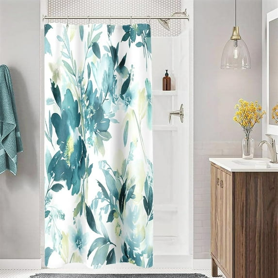 Small Stall Shower Curtain 36 x 72 Inch, Half Narrow Watercolor Floral Fabric Shower Curtain, Teal Blue Modern Abstract Flower Bathroom Shower Curtain Set with Hooks