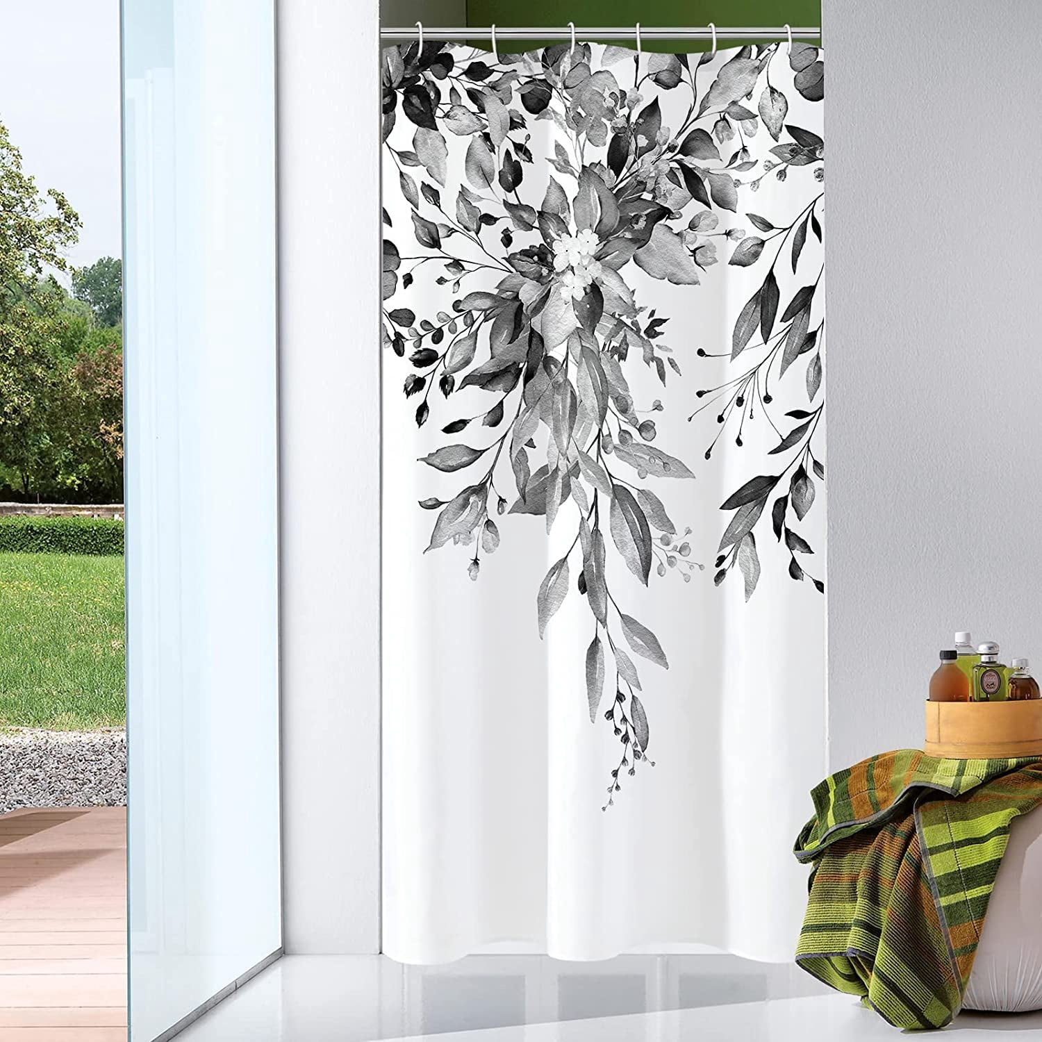 Small Stall Shower Curtain 36 x 72, Narrow Black and White Floral Shower Curtain, Watercolor Plant Eucalyptus Leaves Fabric Shower Curtain Set with Hooks