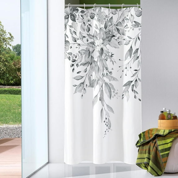 Small Stall Shower Curtain 36 x 72, Narrow Grey Floral Decorative Bathroom, Watercolor Plant Eucalyptus Leaves Fabric with Hooks