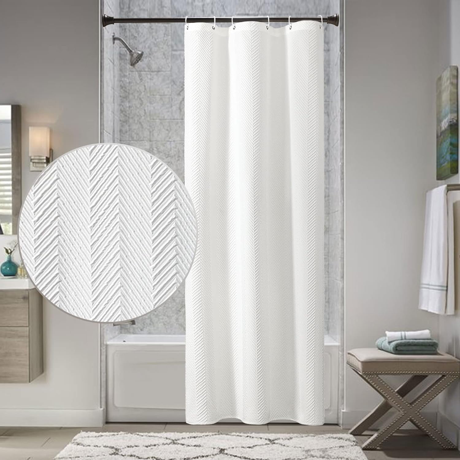 Small Stall Shower Curtain 36 x 72, Narrow Half 3D Embossed Textured White Fabric Shower Curtain ...