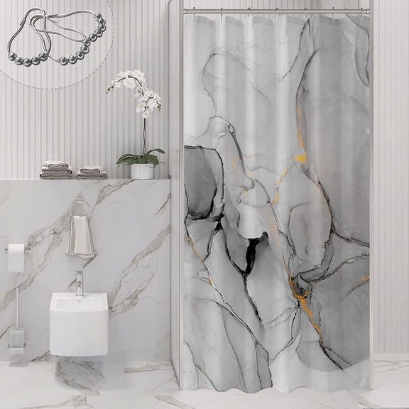 Small Stall Shower Curtain 36 x 72, Narrow Half Abstract Grey Marble Shower Curtain, Modern Ink Art Waterproof Fabric Shower Curtain Set with Hooks