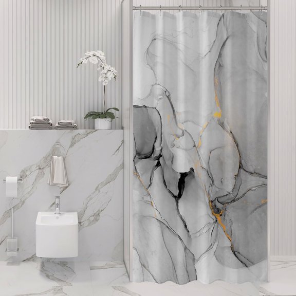 Small Stall Shower Curtain 36 x 72, Narrow Half Abstract Grey Marble Shower Curtain, Modern Ink Art Waterproof Fabric Shower Curtain Set with Hooks