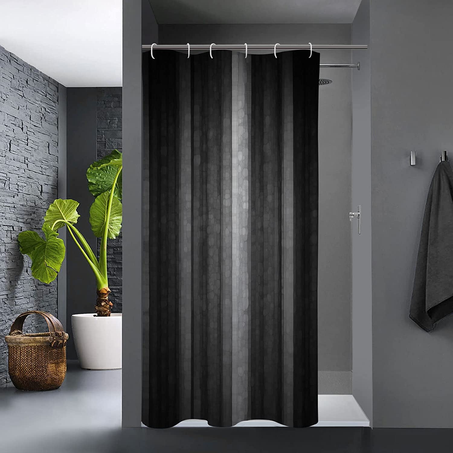 Small Stall Shower Curtain 36 x 72, Narrow Half Black Grey Shower Curtain Set, Abstract Modern Fabric Shower Curtain for Bathroom, Cool Glass Texture Ombre Shower Curtain with Hooks