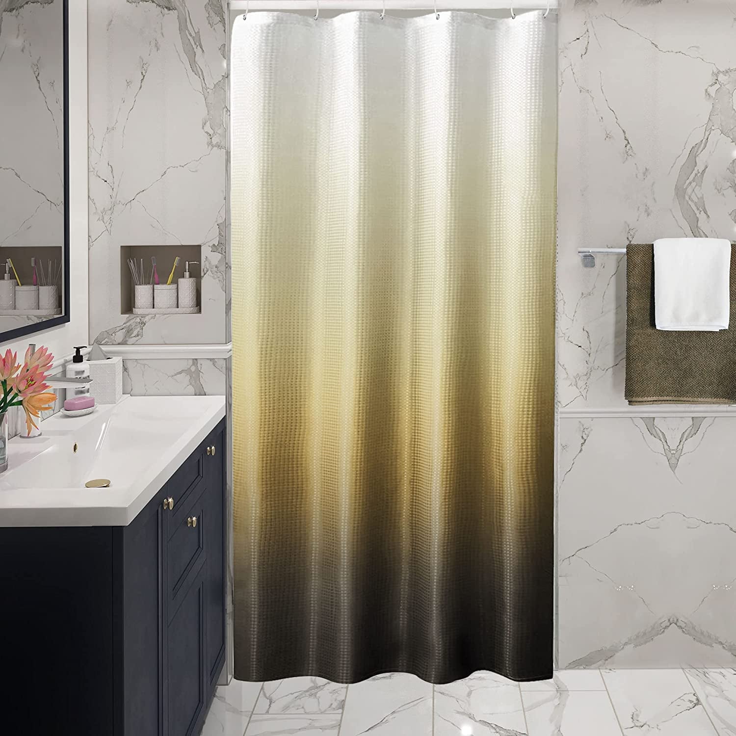 Small Stall Shower Curtain 36 x 72, Narrow Half Brown Ombre Shower Curtain for Bathroom, Waffle Weave Fabric Shower Curtain Set with Hooks, Water Repellent, Machine Washable