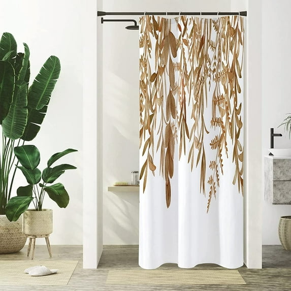 Small Stall Shower Curtain 36 x 72, Narrow Half Brown Shower Curtain, Fall Eucalyptus Plant Leaves Fabric Shower Curtain, Watercolor Floral Botanical Nature Aesthetic Shower Curtain