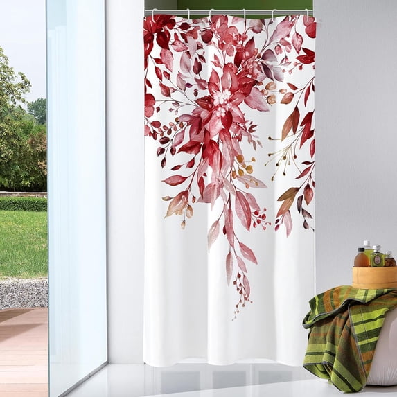 Small Stall Shower Curtain 36 x 72, Narrow Half Burgundy Red Floral Shower Curtain for Bathroom, Watercolor Plant Eucalyptus Leaves Fabric Shower Curtain Set with Hooks
