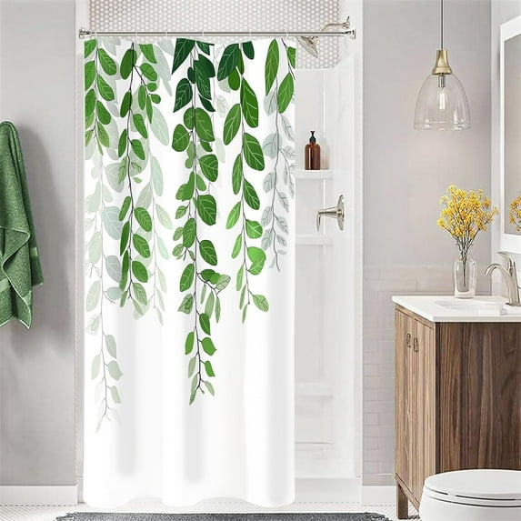 Small Stall Shower Curtain 36 x 72, Narrow Half Green Eucalyptus Fabric Shower Curtain, Watercolor Leaves on The Top Floral Botanical Decorative Bathroom Shower Curtain Set with Hooks