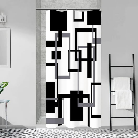 Small Stall Shower Curtain 36 x 72, Narrow Half Grey Black and White Shower Curtain for Bathroom, Mid Century Modern Abstract Geometric Waterproof Fabric Shower Curtain Set with Hooks