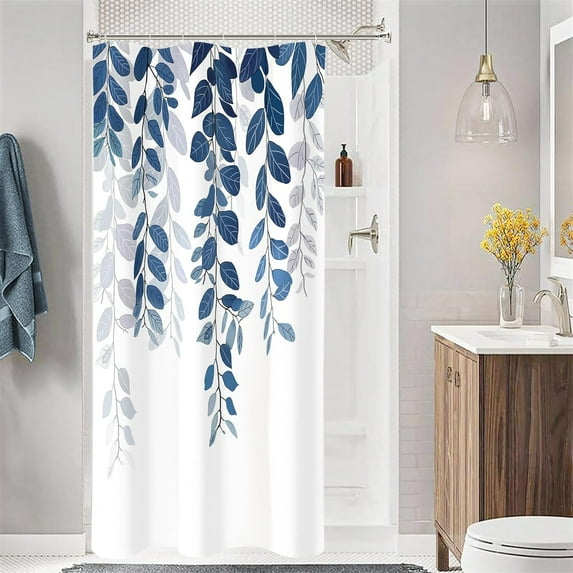 Small Stall Shower Curtain 36 x 72, Narrow Half Navy Blue Eucalyptus Fabric Shower Curtain, Watercolor Leaves on The Top Floral Botanical Decorative Bathroom Shower Curtain Set with Hooks