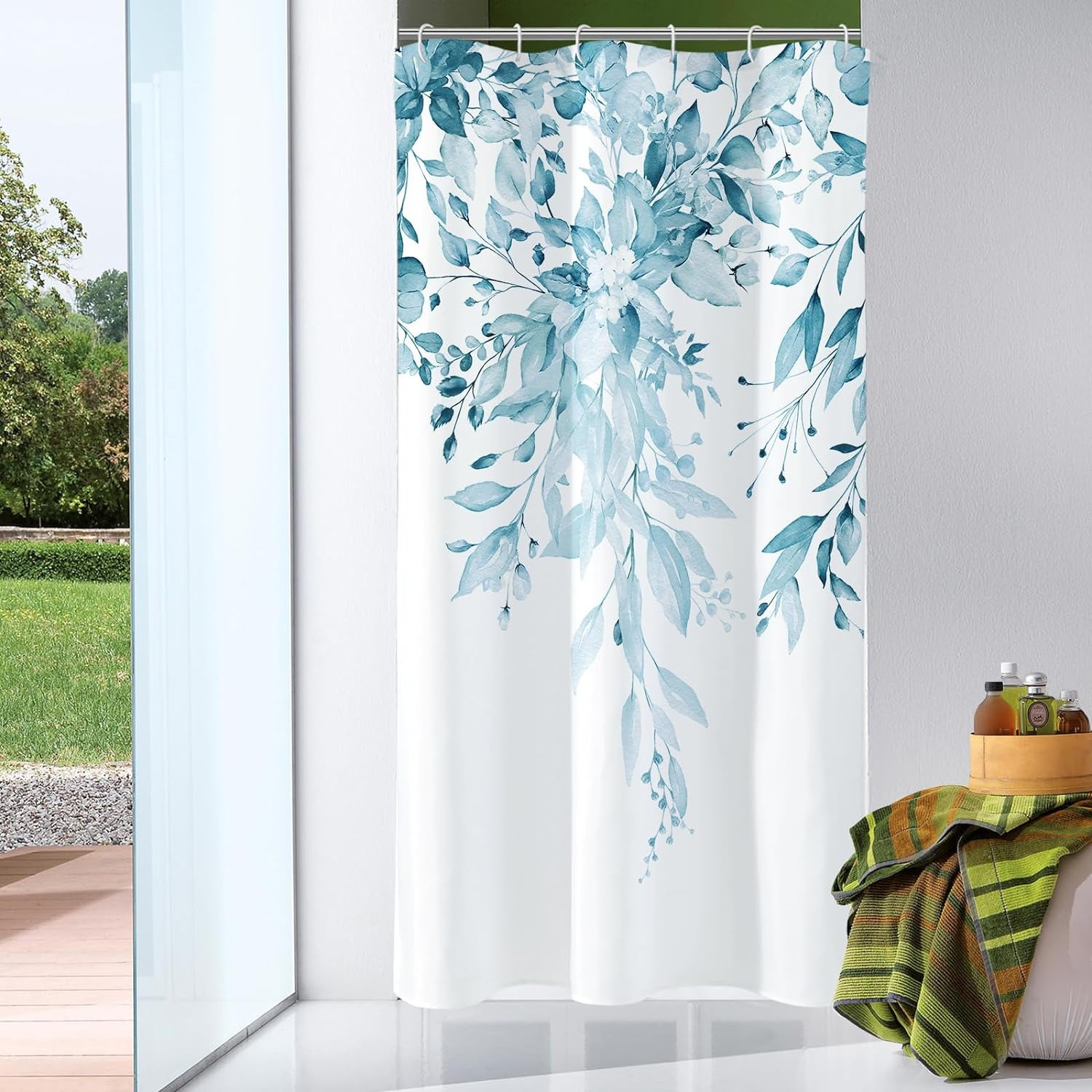 Small Stall Shower Curtain 36 x 72, Narrow Half Spa Blue Floral Shower