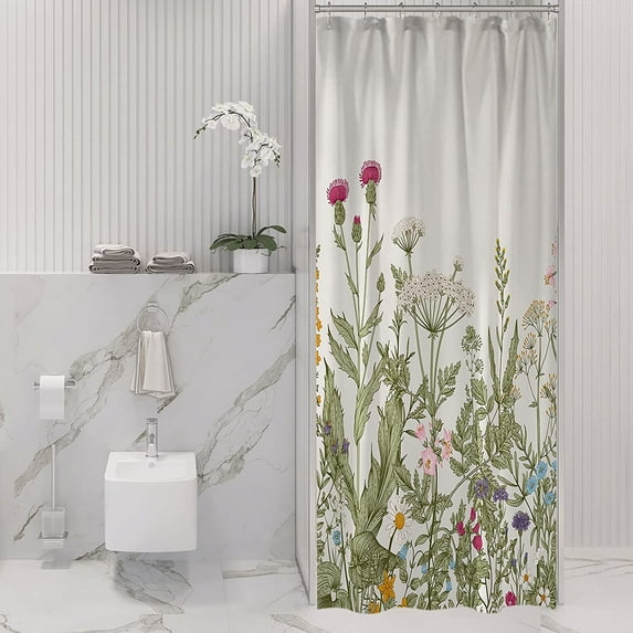 Small Stall Shower Curtain 36 x 72, Narrow Half Vintage Floral Shower Curtain, Spring Colorful Wild Flower Herb Boho Plant Shower Curtain, Cottagecore Aesthetic Shabby Chic Bathroom Decor