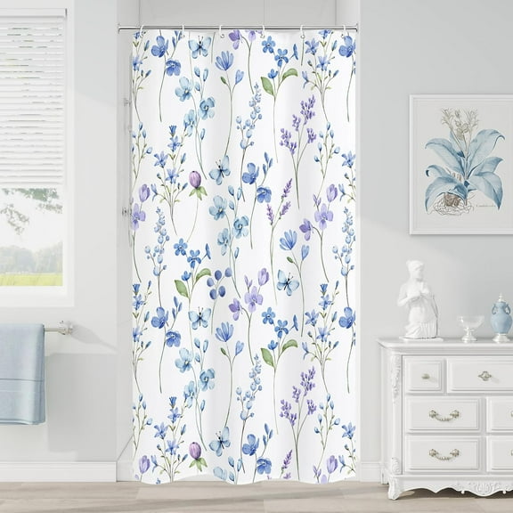 Small Stall Shower Curtain 36 x 72, Narrow Half Watercolor Floral Fabric Shower Curtain for Bathroom, Blue Butterfly Flower Waterproof Shower Curtain Set