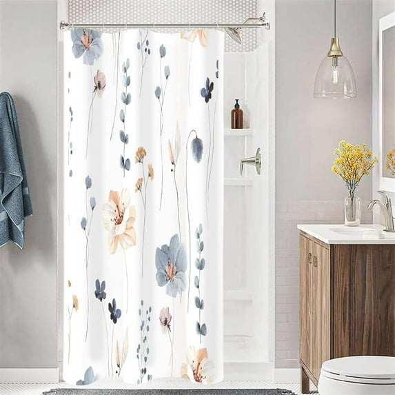 Small Stall Shower Curtain 36 x 72, Narrow Half Watercolor Floral Fabric Shower Curtain, Blue Beige Flower Decorative Bathroom Shower Curtain Set with Hooks
