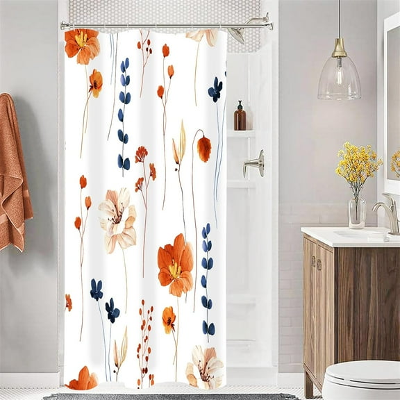 Small Stall Shower Curtain 36 x 72, Narrow Half Watercolor Floral Fabric Shower Curtain, Retro Orange Navy Flower Decorative Bathroom Shower Curtain Set with Hooks