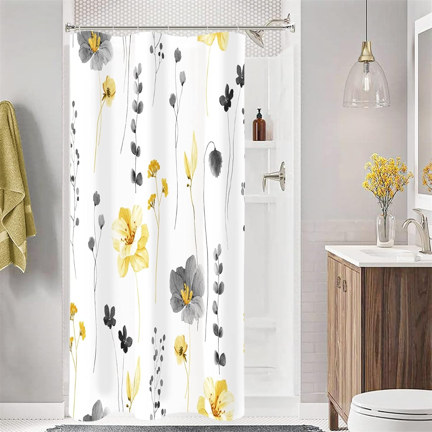 Small Stall Shower Curtain 36 x 72, Narrow Half Watercolor Floral Fabric Shower Curtain, Yellow ...