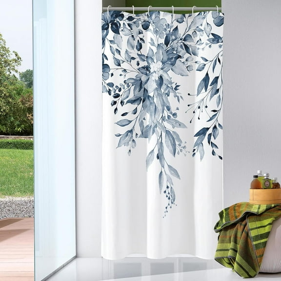 Small Stall Shower Curtain 36 x 72, Narrow Navy Blue Floral Shower Curtain for Bathroom, Watercolor Plant Eucalyptus Leaves Fabric Shower Curtain Set with Hooks
