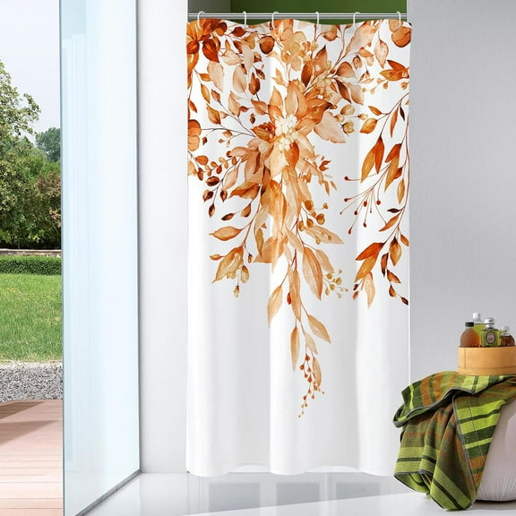 Small Stall Shower Curtain 36 x 72, Narrow Orange Floral Shower Curtain for Bathroom, Fall Watercolor Plant Eucalyptus Leaves Fabric Shower Curtain Set with Hooks