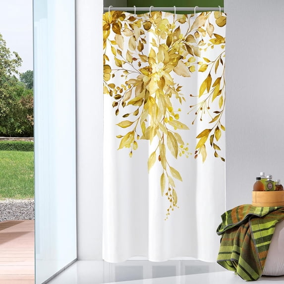 Small Stall Shower Curtain 36 x 72, Narrow Yellow Floral Shower Curtain for Bathroom, Watercolor Plant Eucalyptus Leaves Fabric Shower Curtain Set with Hooks