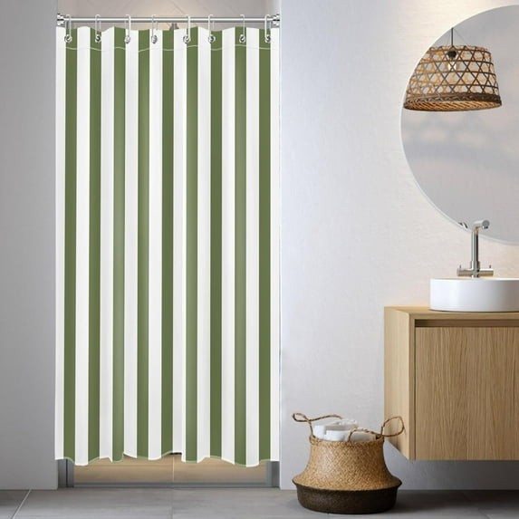 Small Stall Shower Curtain 36 x 72 inch, Sage Green and White Striped Half Size Shower Curtain Liner, Farmhouse Narrow Shower Curtain for Bathroom Decor, 36 inch Fabric Shower Curtain Set with Hooks