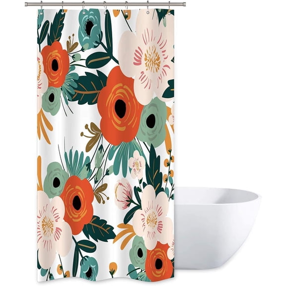 Small Stall Shower Curtain 36Wx72H Inch Half Narrow RV Spring Floral Flower Bathtub Decor Walkin Leaves Green Bathroom Decor Fabric Panel Polyester Waterproof 7 Pack Plastic Hooks WW-YHX9
