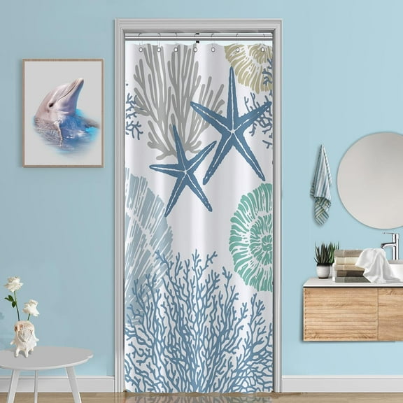 Small Stall Shower Curtain 36x72 Half Size - Nautical Coastal Waterproof Fabric Shower Curtains for Bathroom, Starfish Seashell Beach Themed RV Camper Narrow Bath Curtain with 7 Hooks, Blue