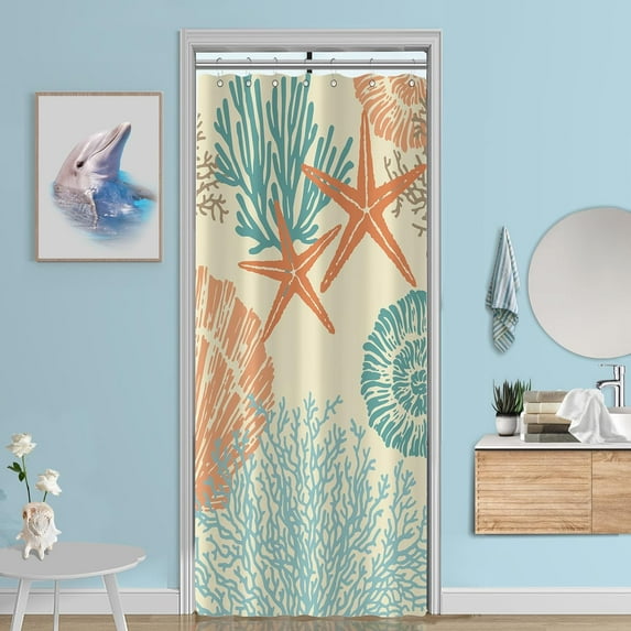 Small Stall Shower Curtain 36x72 Half Size - Nautical Coastal Waterproof Fabric Shower Curtains for Bathroom, Starfish Seashell Beach Themed RV Camper Narrow Bath Curtain with 7 Hooks, C4