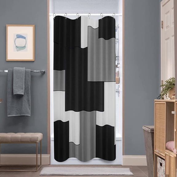 Small Stall Shower Curtain 36x72 Inch Black Shower Curtain Set with 6 Hooks - White and Grey Shower Curtain with Modern Geometric Pattern for Mens Bathroom Decor, Waterproof Fabric