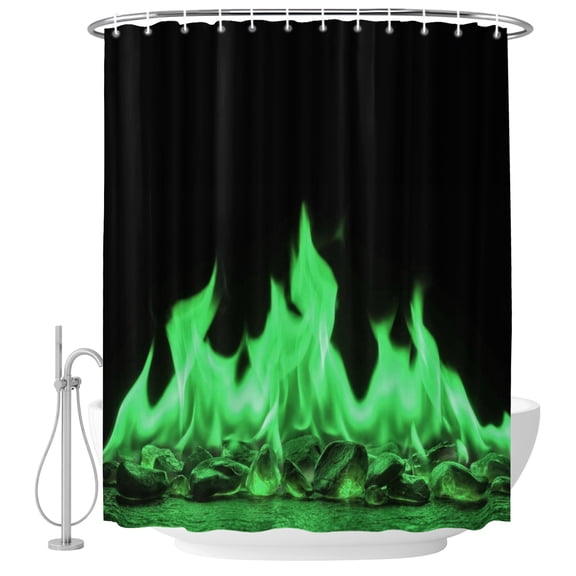 Small Stall Shower Curtain 36x72 Inch Narrow Half Size Abstract Green Flame Bath Curtains Bathroom Decor, Flickering Fire Pattern Black Waterproof Fabric Shower Curtain Set with Hooks 36 Inch