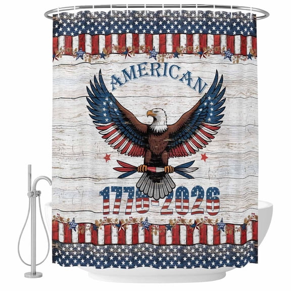 Small Stall Shower Curtain 36x72 Inch Narrow Half Size American Eagle Bath Curtains Bathroom Decor, 250 4th of July Patriotic Striped Grey Waterproof Fabric Shower Curtain Set with Hooks 36 Inch