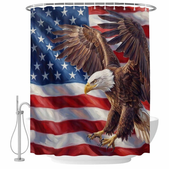 Small Stall Shower Curtain 36x72 Inch Narrow Half Size American Flag Bath Curtains Bathroom Decor, Eagle USA Flag Blue Star Red Striped Waterproof Fabric Shower Curtain Set with Hooks 36 Inch