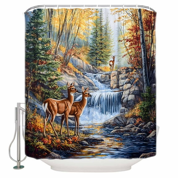 Small Stall Shower Curtain 36x72 Inch Narrow Half Size Autumn Deer Bath Curtains Bathroom Decor Farmhouse Elk River Waterproof Fabric Shower Curtain Set with Hooks 36 Inch