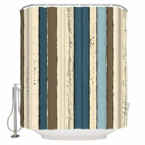 Small Stall Shower Curtain 36x72 Inch Narrow Half Size Beige Blue Stripes Bath Curtains Bathroom Decor Bogo Rustic Brown Farmhouse Wooden Waterproof Fabric Shower Curtain Set with Hooks 36 Inch