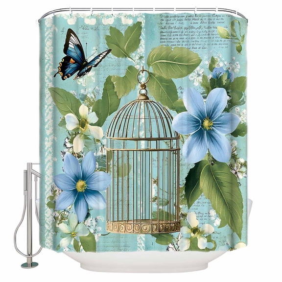 Small Stall Shower Curtain 36x72 Inch Narrow Half Size Birds Cage Bath Curtains Bathroom Decor Spring Botanical Blue Floral Waterproof Fabric Shower Curtain Set with Hooks 36 Inch