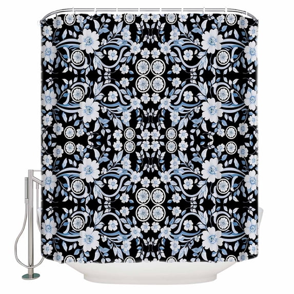 Small Stall Shower Curtain 36x72 Inch Narrow Half Size Black Blue Floral Bath Curtains Bathroom Decor Vintage Pastoral Botanical Leaves Waterproof Fabric Shower Curtain Set with Hooks 36 Inch