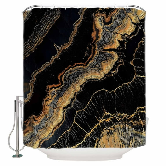 Small Stall Shower Curtain 36x72 Inch Narrow Half Size Black Gold Wave Bath Curtains Bathroom Decor Abstract Coastal Ocean Geometric Waterproof Fabric Shower Curtain Set with Hooks 36 Inch