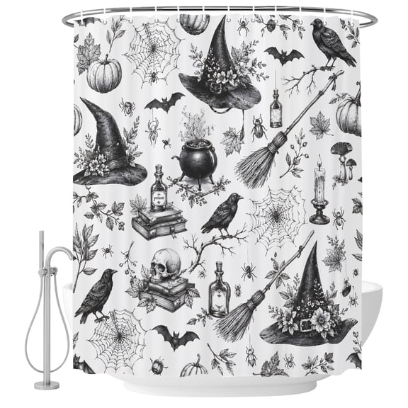 Small Stall Shower Curtain 36x72 Inch Narrow Half Size Black White Halloween Bath Curtains Bathroom Decor, Minimalist Horror Skull Waterproof Fabric Shower Curtain Set with Hooks 36 Inch
