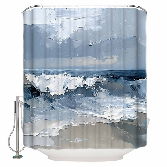 Small Stall Shower Curtain 36x72 Inch Narrow Half Size Blue Coastal Beach Bath Curtains Bathroom Decor Modern Oil Painting Art Waterproof Fabric Shower Curtain Set with Hooks 36 Inch