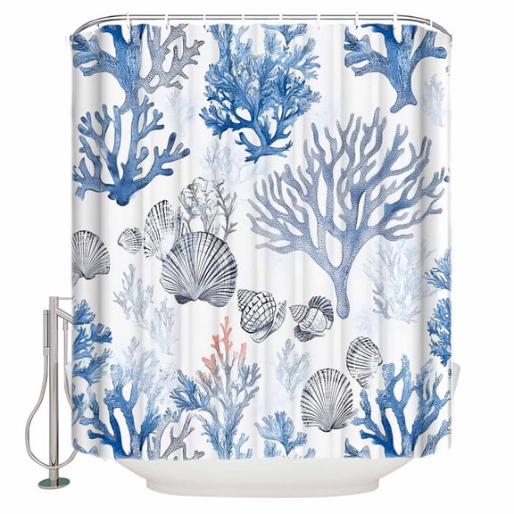 Small Stall Shower Curtain 36x72 Inch Narrow Half Size Blue Coral Bath Curtains Bathroom Decor Coastal Abstract Shell Marine Plant Painting Waterproof Fabric Shower Curtain Set with Hooks 36 Inch