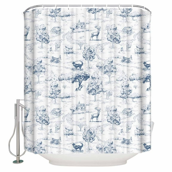 Small Stall Shower Curtain 36x72 Inch Narrow Half Size Blue Country Bath Curtains Bathroom Decor Abstract Farmhouse Rustic Tree Animals Waterproof Fabric Shower Curtain Set with Hooks 36 Inch