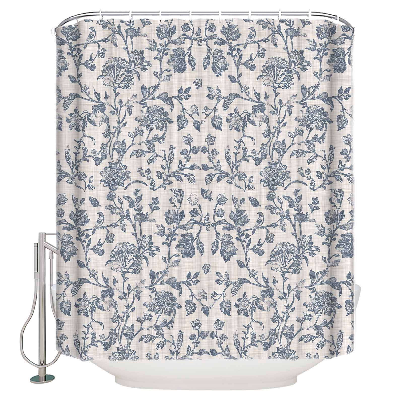 Small Stall Shower Curtain 36x72 Inch Narrow Half Size Blue Floral Bath Curtains Bathroom Decor Farmhouse Vintage Flower Leaf Botanical Waterproof Fabric Shower Curtain Set with Hooks 36 Inch