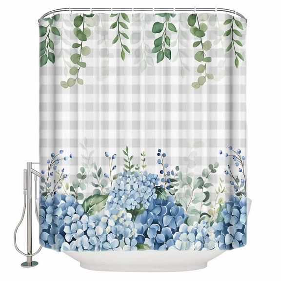 Small Stall Shower Curtain 36x72 Inch Narrow Half Size Blue Flower Bath Curtains Bathroom Decor Grey Plaid Hydrangeas Eucalyptus Leaves Waterproof Fabric Shower Curtain Set with Hooks 36 Inch
