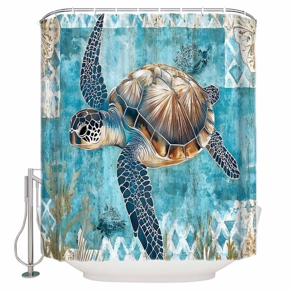 Small Stall Shower Curtain 36x72 Inch Narrow Half Size Blue Green Coastal Bath Curtains Bathroom Decor Sea Turtle Ocean Retro Waterproof Fabric Shower Curtain Set with Hooks 36 Inch