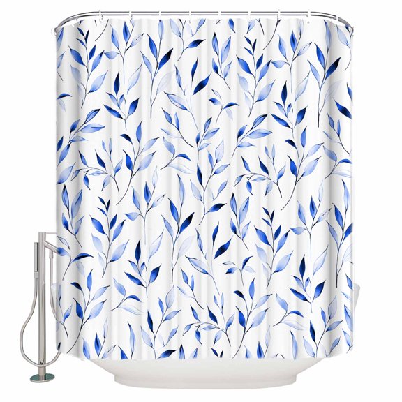 Small Stall Shower Curtain 36x72 Inch Narrow Half Size Blue Leaf Bath Curtains Bathroom Decor Modern Botanical Foliage Plant Country Flower Waterproof Fabric Shower Curtain Set with Hooks 36 Inch