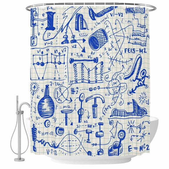 Small Stall Shower Curtain 36x72 Inch Narrow Half Size Blue Physics Bath Curtains Bathroom Decor, Model Laboratory Formula Equations Plaid Waterproof Fabric Shower Curtain Set with Hooks 36 Inch