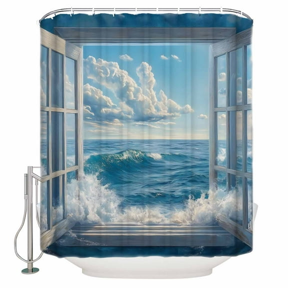 Small Stall Shower Curtain 36x72 Inch Narrow Half Size Blue Sky Ocean Bath Curtains Bathroom Decor Coastal Sea Waves Summer Window Scenery Waterproof Fabric Shower Curtain Set with Hooks 36 Inch