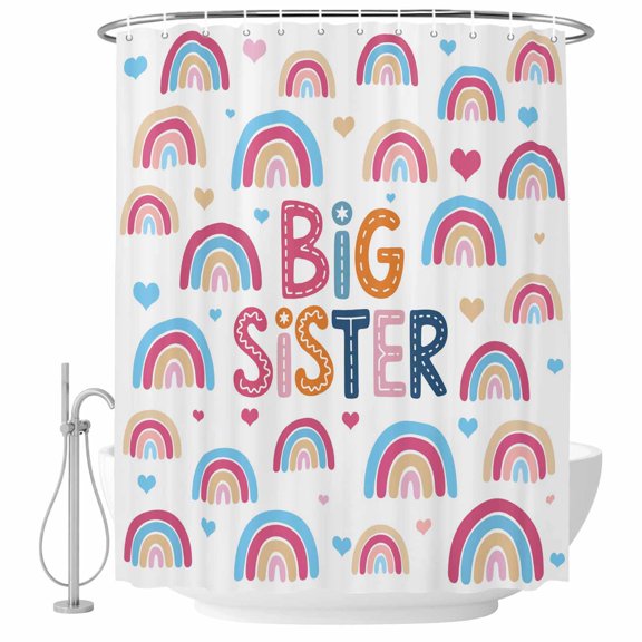 Small Stall Shower Curtain 36x72 Inch Narrow Half Size Boho Colorful Rainbow Bath Curtains Bathroom Decor, Cartons Rainbows BIG SISTER Text Waterproof Fabric Shower Curtain Set with Hooks 36 Inch